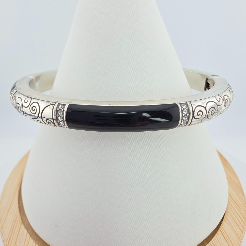 BRIGHTON Wiltern Bracelet Hinged Bangle Crystal Scroll Enamel Silver Plate 7.75"